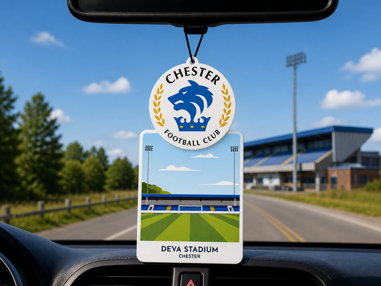 Car air freshener with Chester Football Club logo and Deva Stadium illustration, hanging from a car's rearview mirror.