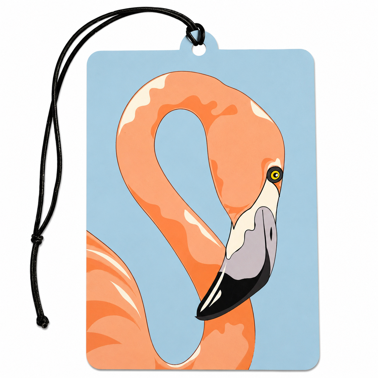 A rectangular hanging car air freshener with rounded corners, featuring a stylized pink flamingo illustration on a light blue background. The tag has a black hanging cord and is photographed on a plain white background.