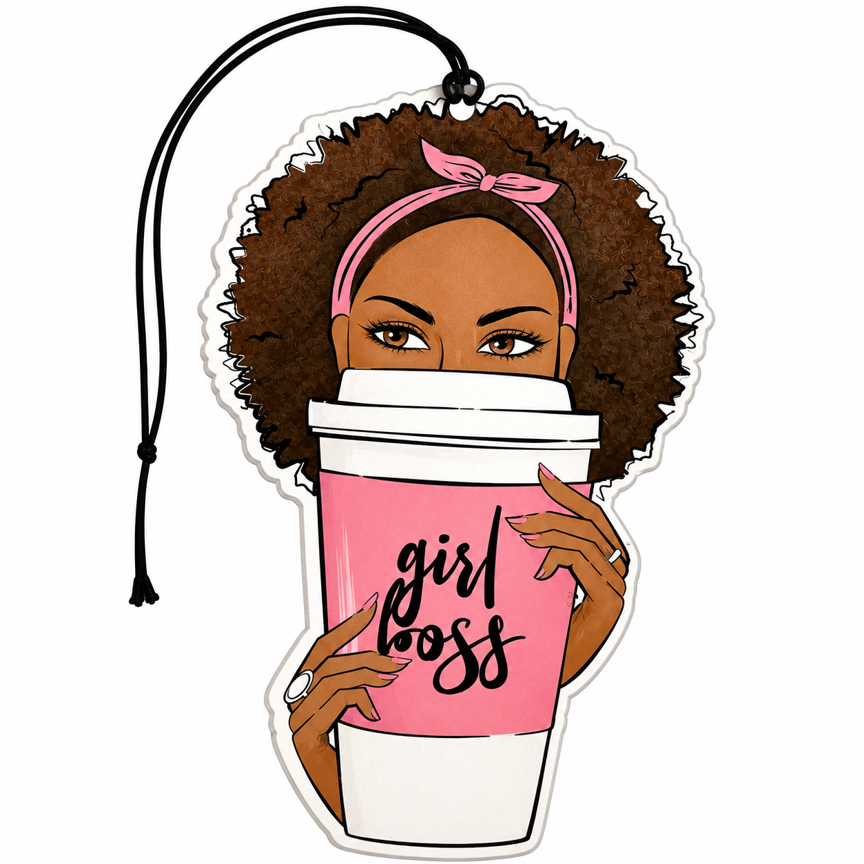 An car air freshener featuring a cartoon illustration of a woman with an afro holding a pink coffee cup that says 'girl boss' in black script. The product has a black hanging cord and is shown on a solid white background.