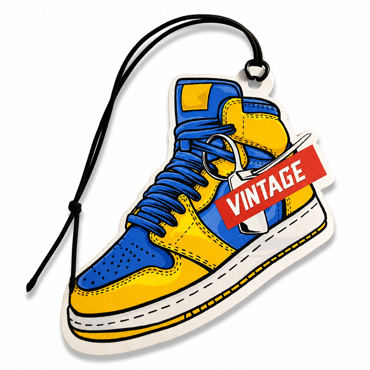 A car air freshener or car fragrance tag shaped like a high-top sneaker, featuring a blue and yellow color-blocked design with a red 'VINTAGE' ribbon graphic and a black hanging loop, shown on a plain white background.