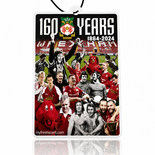 Air freshener with a collage of wrexham afc players and text celebrating 160 years of a sports team.
