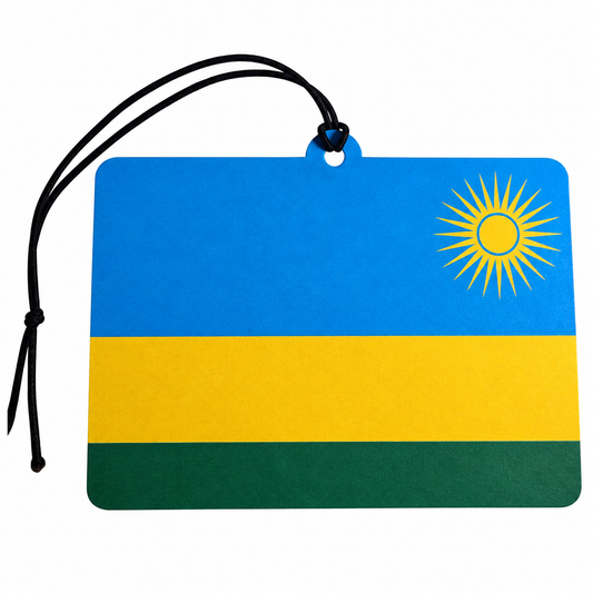 A rectangular car air freshener or tag featuring the flag of Rwanda, with a black hanging cord, on a solid white background.