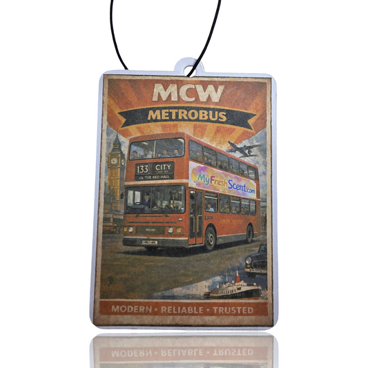 MCW Metrobus Hanging Car Air Freshener - Vintage Travel Poster Style Unique Gift Accessory - MyFreshScent