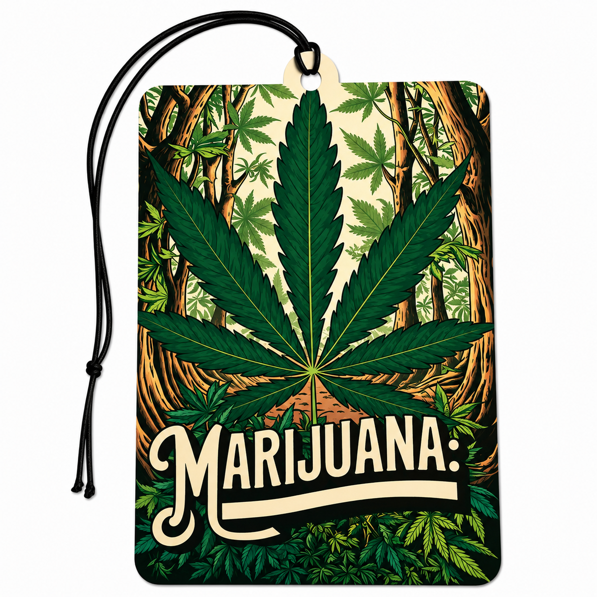 A rectangular hanging tag or car air freshener with rounded corners, featuring a large green cannabis leaf over a forest background and the word “Marijuana” in stylized cream lettering. A black cord with a beige loop is attached at the top.