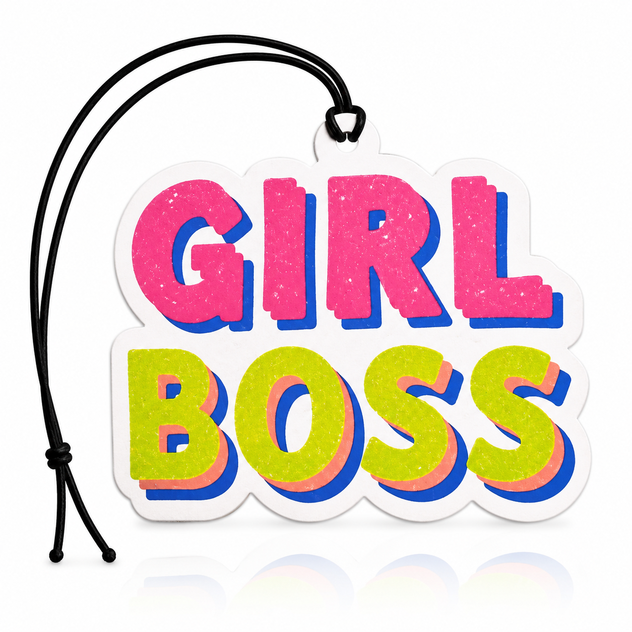 Colourful "Girl Boss" retro text car air freshener with pink, green and blue lettering and black hanging cord.