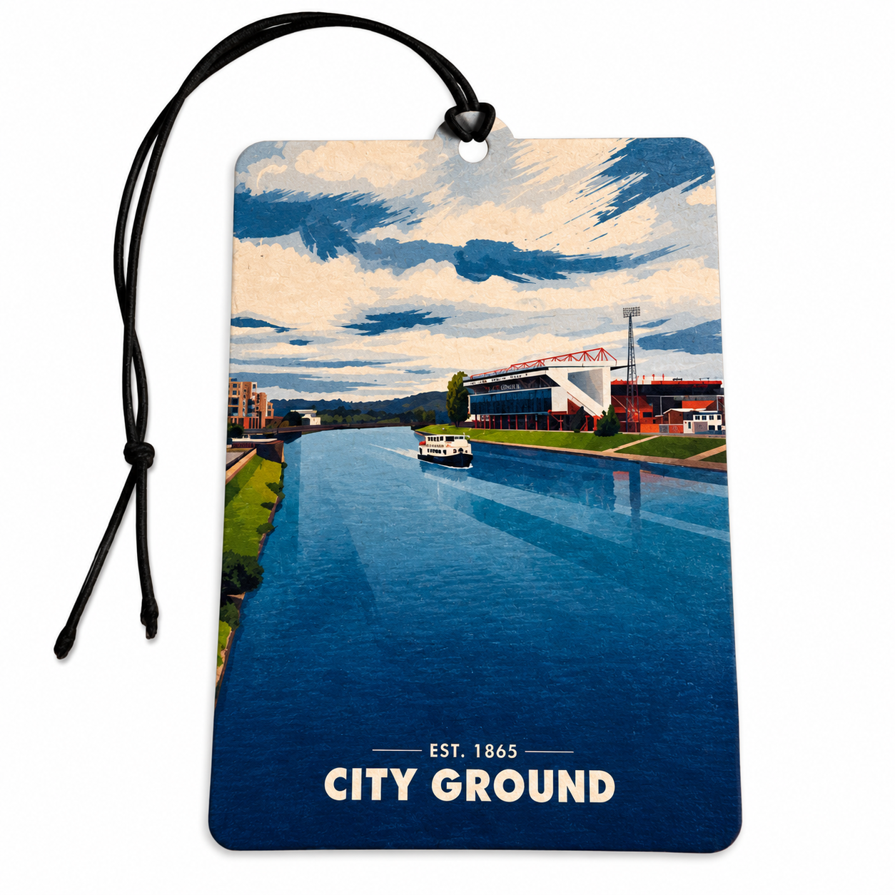 A rectangular printed car air freshener tag with a black hanging cord, featuring a stylized illustration of a canal scene with a boat, grass, sky, and the text 'CITY GROUND' and 'EST. 1865' at the bottom.
