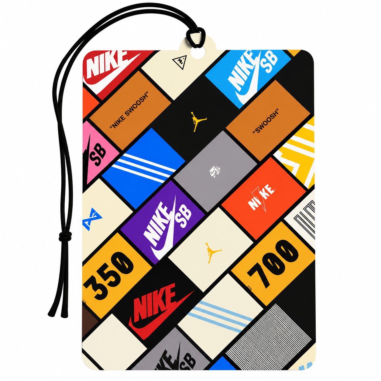 A rectangular hanging card or car air freshener with a black cord loop at the top, featuring a collage of colorful Nike-themed blocks and logos. The design includes visible Nike branding, numbers such as 350 and 700, and small Jordan-style jumping-head logos, all on a plain white background.