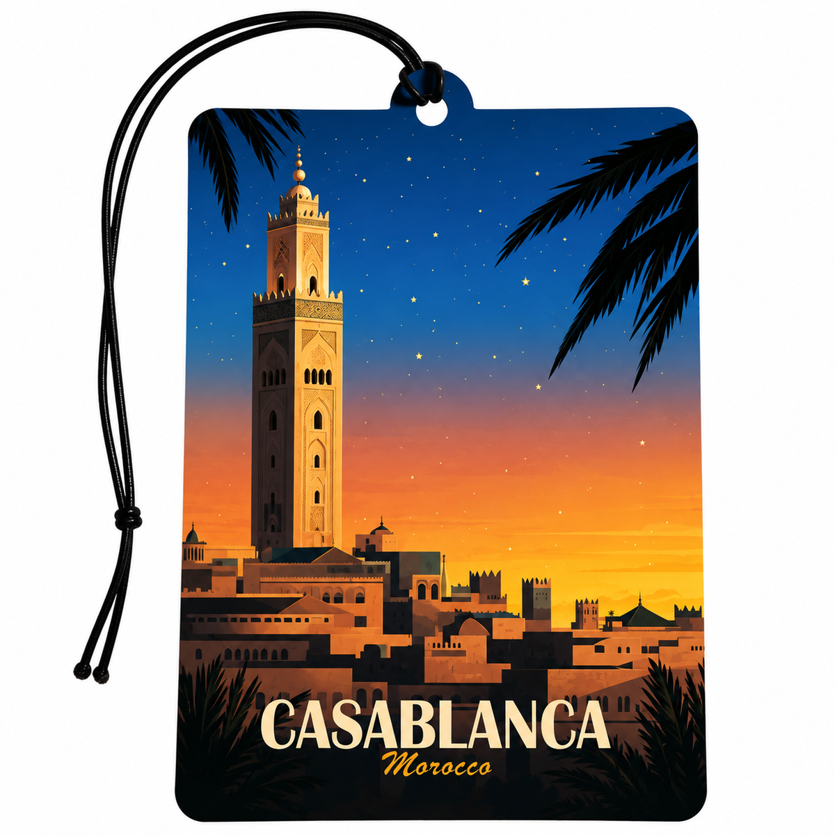 A rectangular car air freshener or luggage tag with a black hanging cord, printed with a Casablanca, Morocco sunset scene featuring a tall tower, palm fronds, and the text 'CASABLANCA Morocco'.