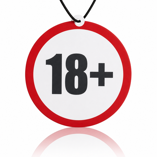18 plus sign car air freshener red on white with white back ground