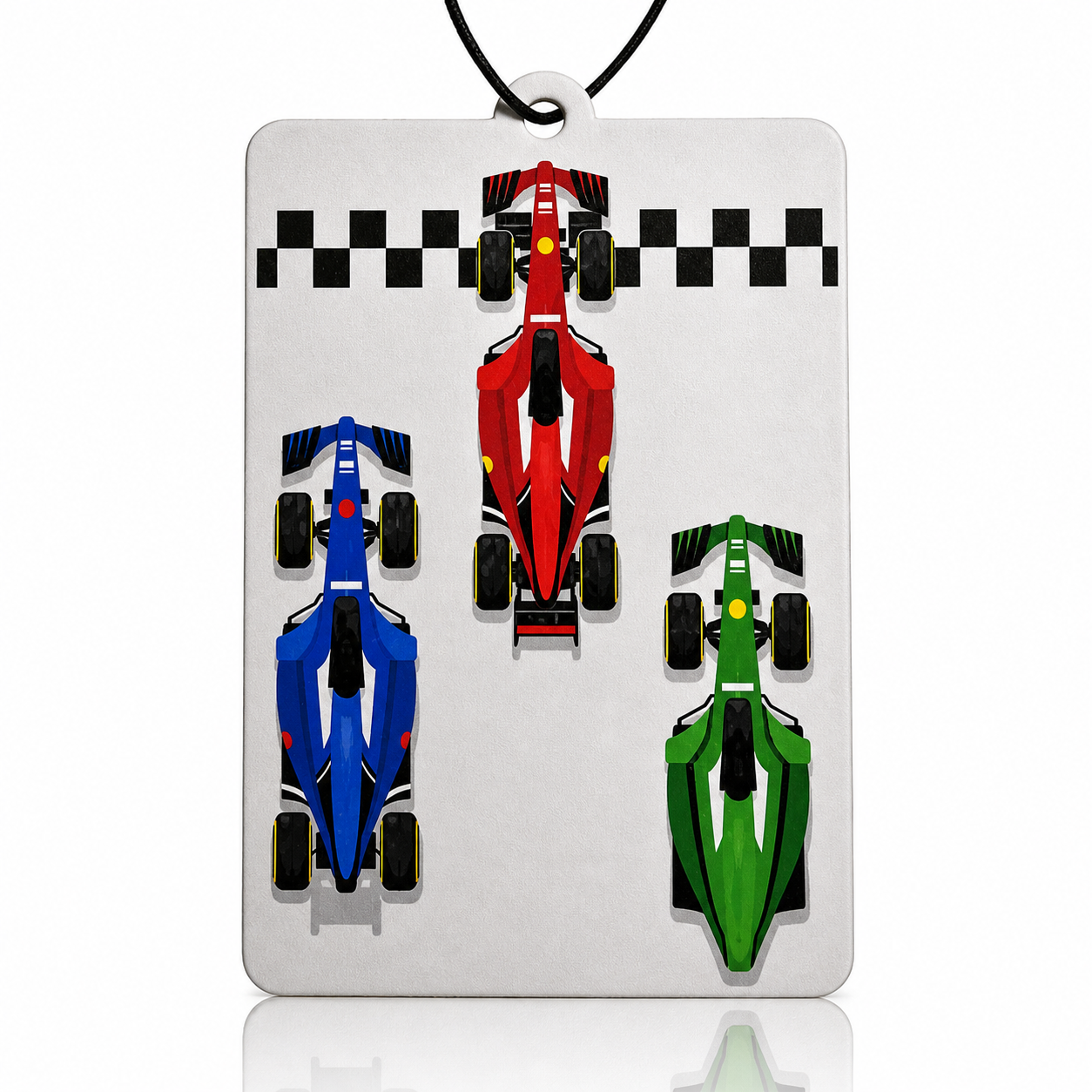 Car air freshener with three race cars (red, blue, green) on a white background