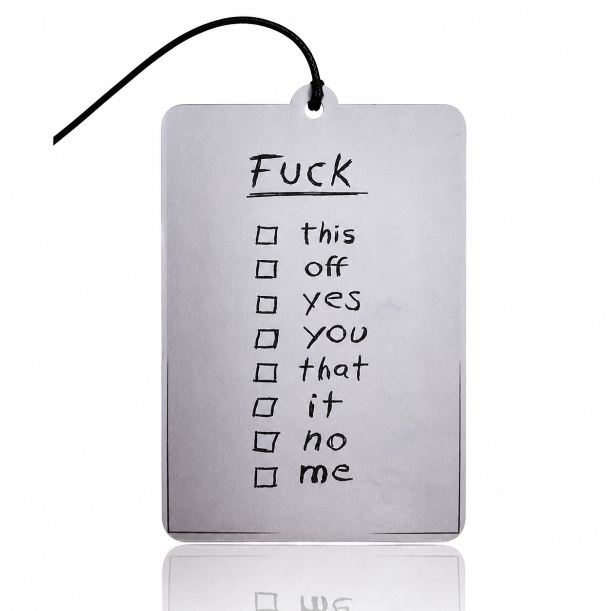 Car Air Freshener with a checklist of profane words on a white background