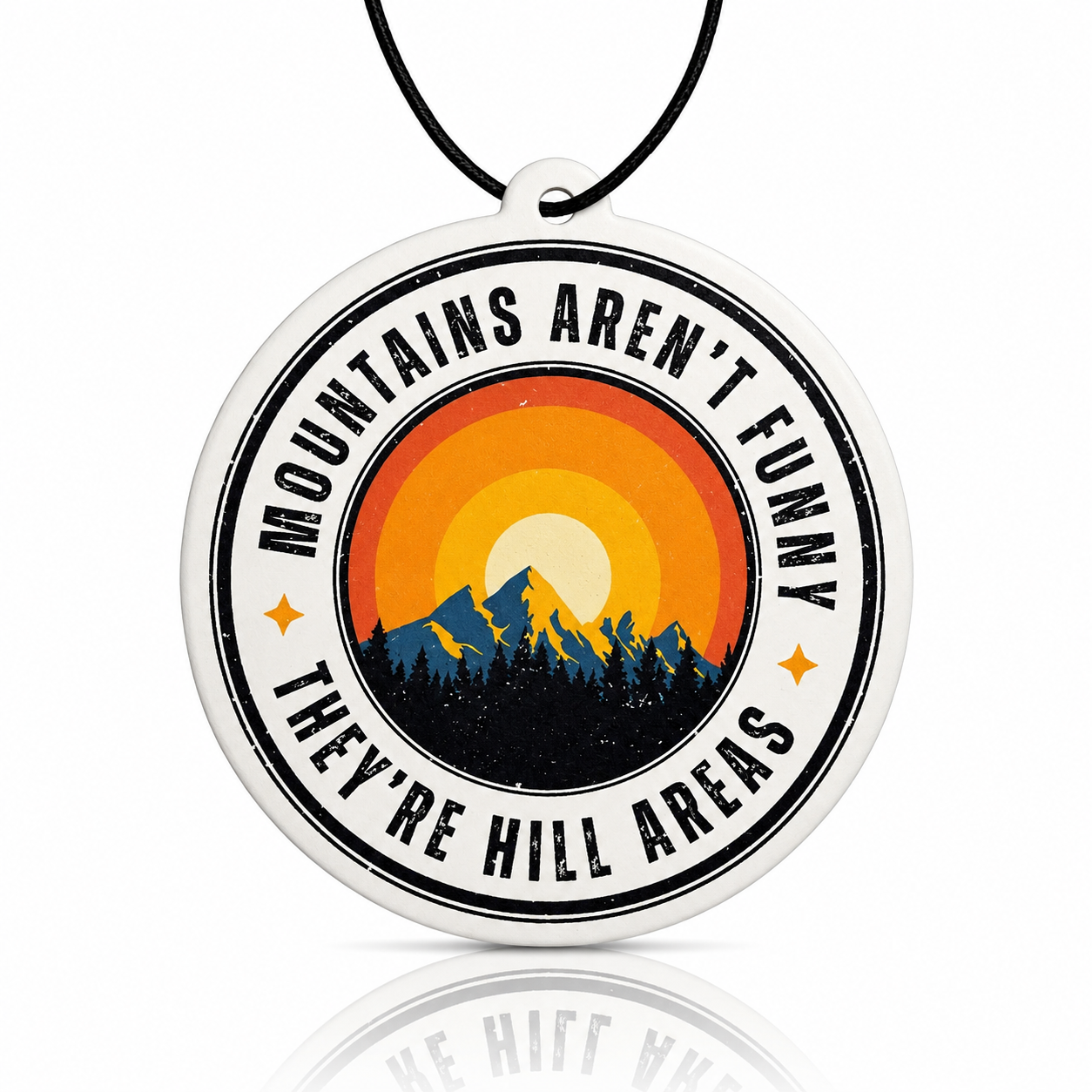 Funny Mountain Hiking Car Air Freshener - Retro Sunset Illustration for Outdoor Adventures - MyFreshScent