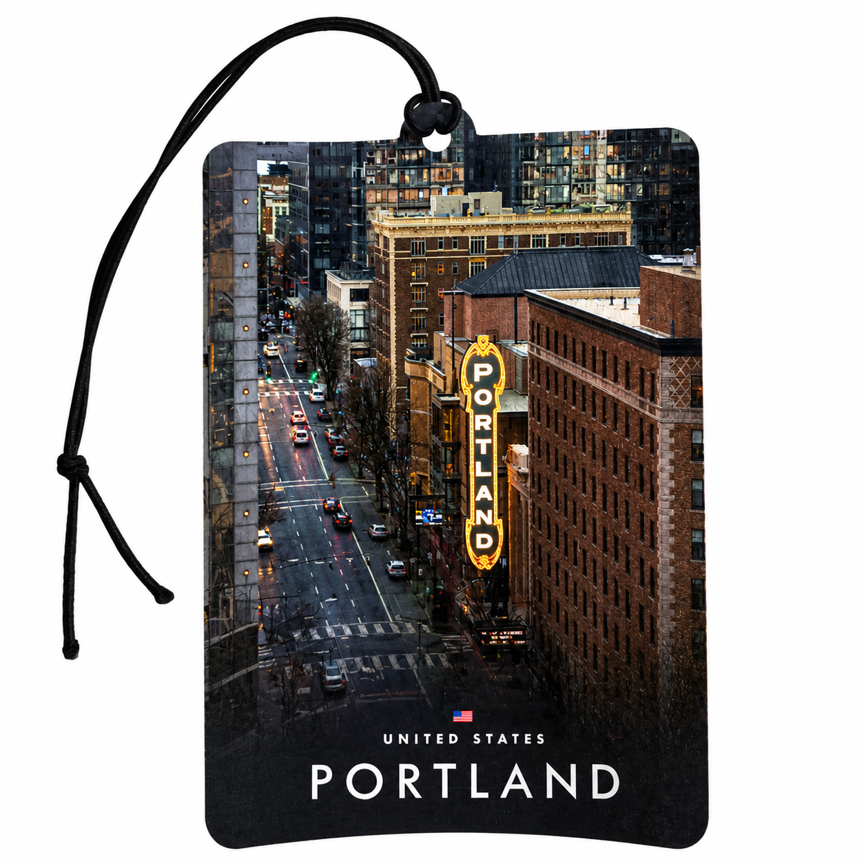 Portland Oregon USA car air freshener featuring iconic Portland sign and downtown cityscape
