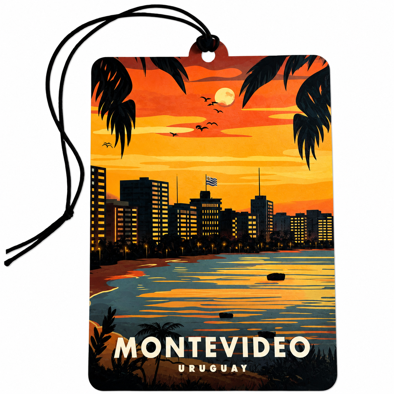 Montevideo Uruguay car air freshener with vintage sunset city skyline, palm trees and coastal waterfront design