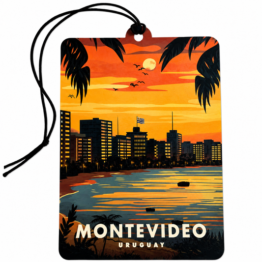 Montevideo Uruguay car air freshener with vintage sunset city skyline, palm trees and coastal waterfront design