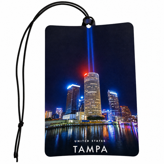 Tampa Florida Skyline Air Freshener – USA Night Cityscape Hanging Car Freshener, Tampa Travel Souvenir, Florida City Gift & Car Accessory