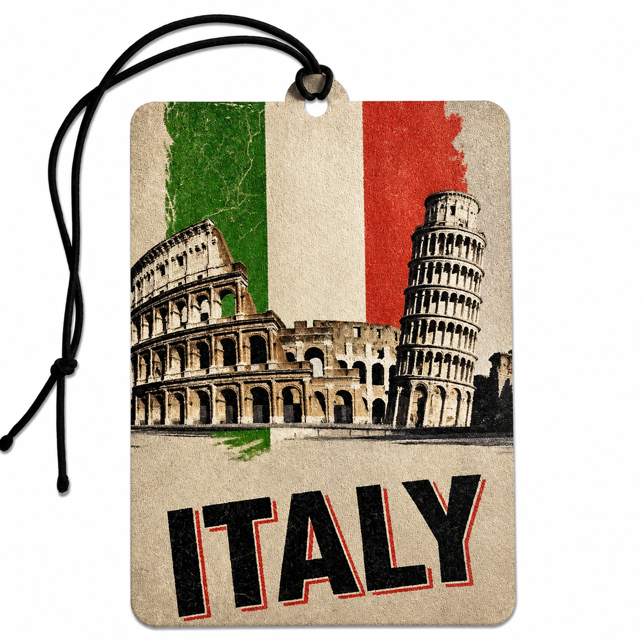 A rectangular car air freshener or luggage tag with a black hanging cord, featuring a vintage-style illustration of the Colosseum and Leaning Tower of Pisa over an Italian flag background, with the word 'ITALY' printed at the bottom.