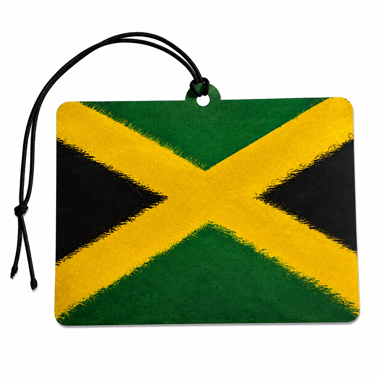 A rectangular car air freshener or tag featuring the Jamaican flag design with a black hanging cord, shown on a plain white background.