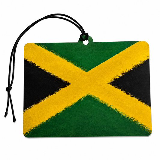 A rectangular car air freshener or tag featuring the Jamaican flag design with a black hanging cord, shown on a plain white background.