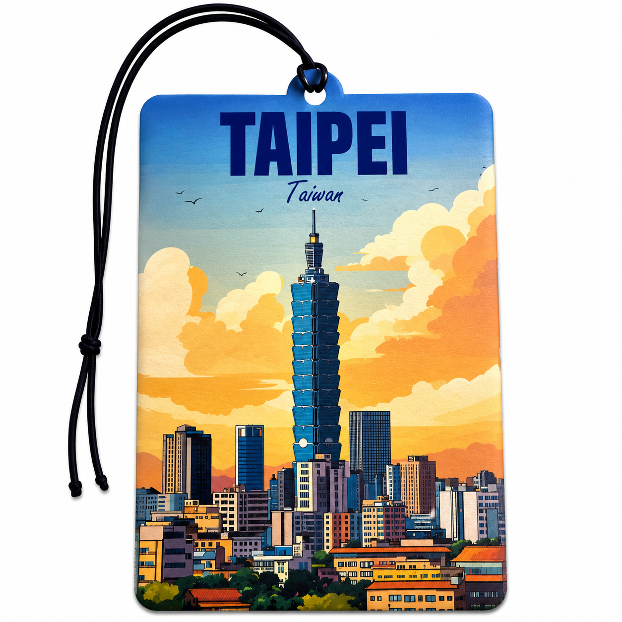 A rectangular travel tag or car air freshener with a black hanging cord, featuring a colorful illustrated view of Taipei, Taiwan. The design shows the word 'TAIPERI' in large blue letters at the top, with the Taipei 101 tower and city skyline under a blue, orange, and yellow sky.