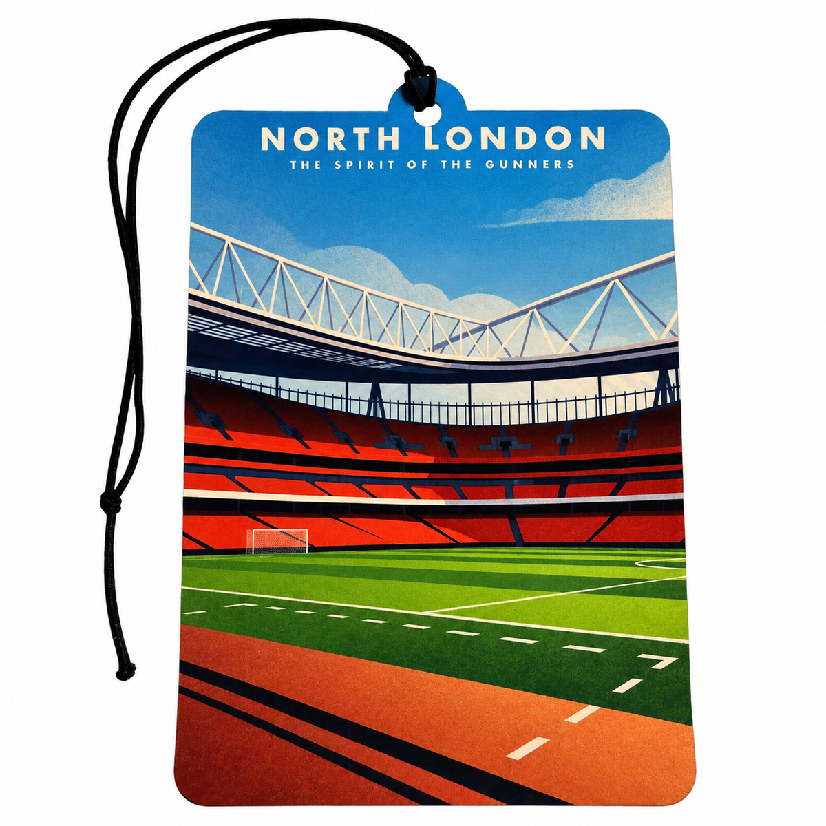 Arsenal inspired car air freshener featuring a red North London football stadium with Spirit of the Gunners design and black hanging cord
