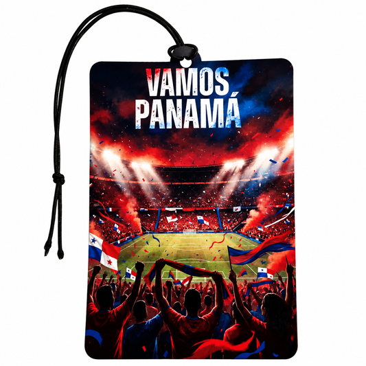 A rectangular car air freshener or luggage tag with a black hanging cord, featuring a vibrant graphic print of a soccer stadium with fans waving Panamanian flags and the text 'VAMOS PANAMÁ' in bold white and blue letters.