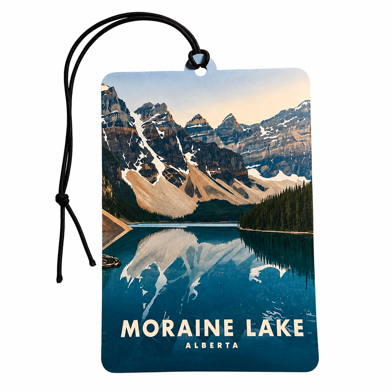 A rectangular car air freshener tag featuring a scenic Moraine Lake, Alberta landscape print, complete with a black hanging cord and a heart-shaped loop at the top, shown against a plain white background.