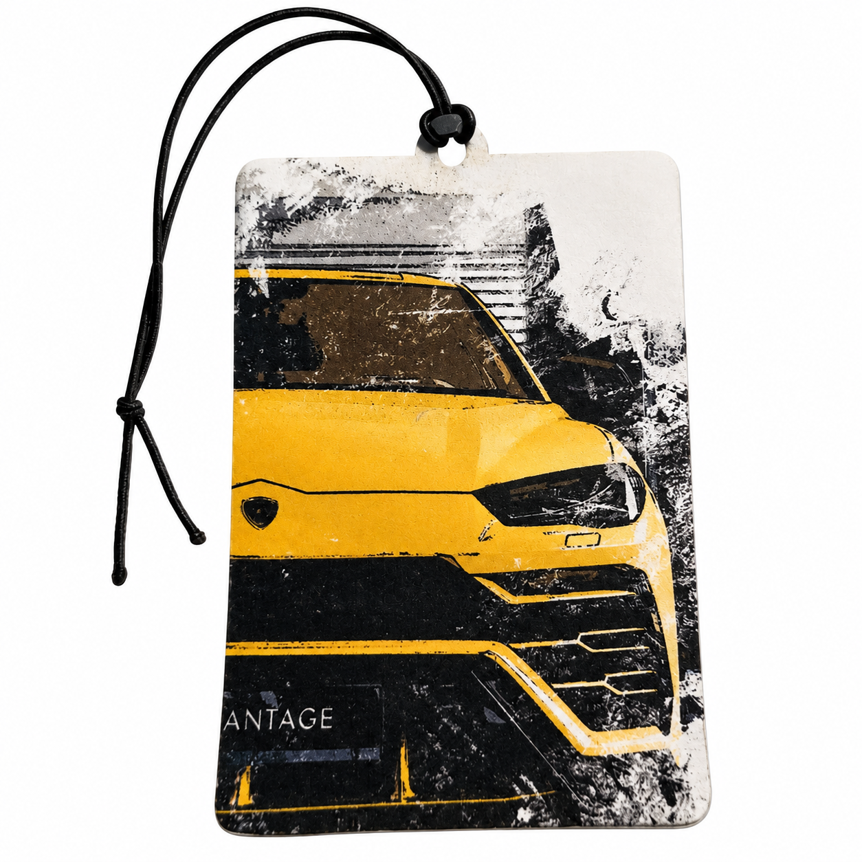 A rectangular car air freshener tag featuring a distressed graphic print of a yellow Lamborghini Urus, complete with a black hanging cord.