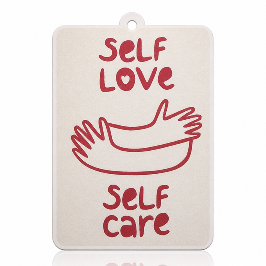 Car air freshener featuring self love self care on cream and white background 