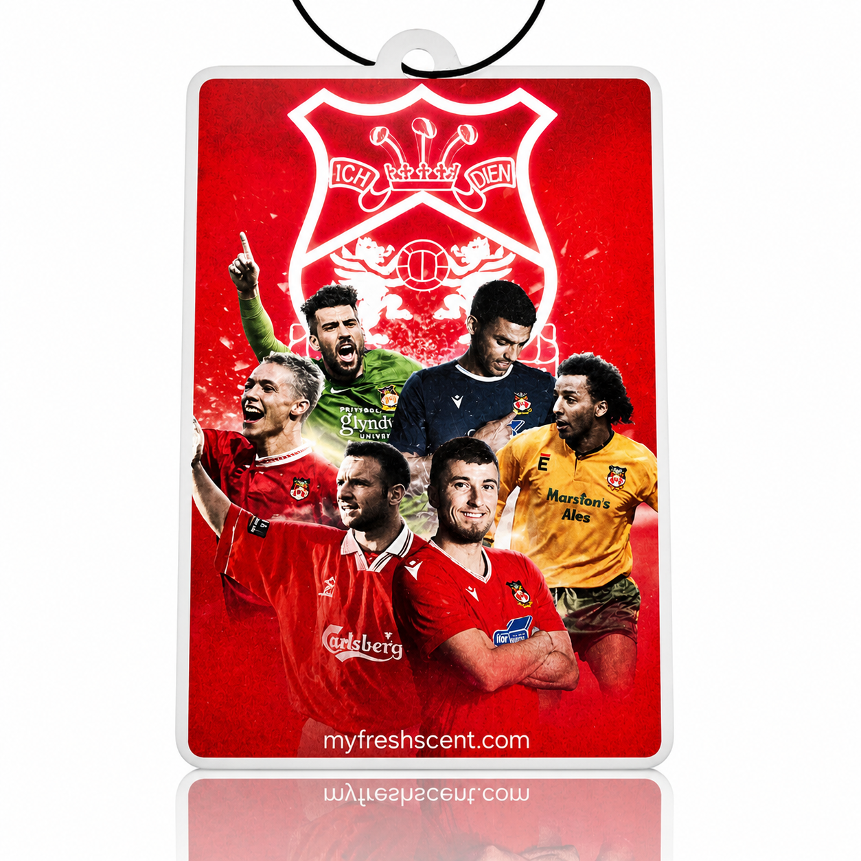 Car air freshener with ledgenary wrexham afc player images and a red background
