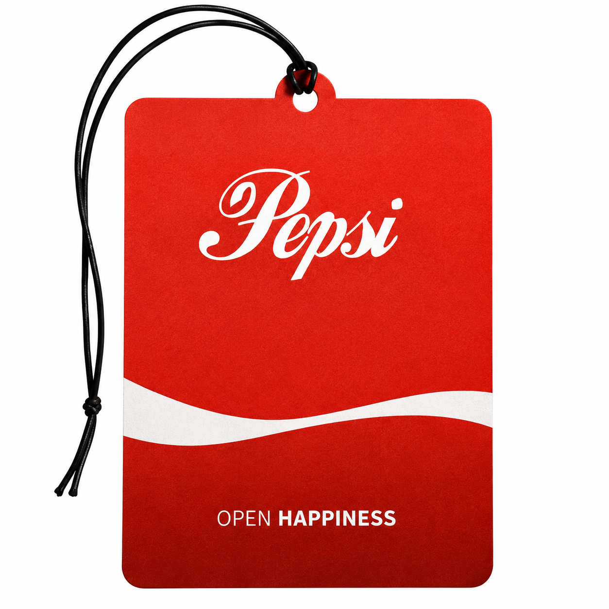 A red rectangular Pepsi air freshener or car fragrance tag with a black hanging cord, featuring the white Pepsi script logo and a white wavy line on a clean white background.