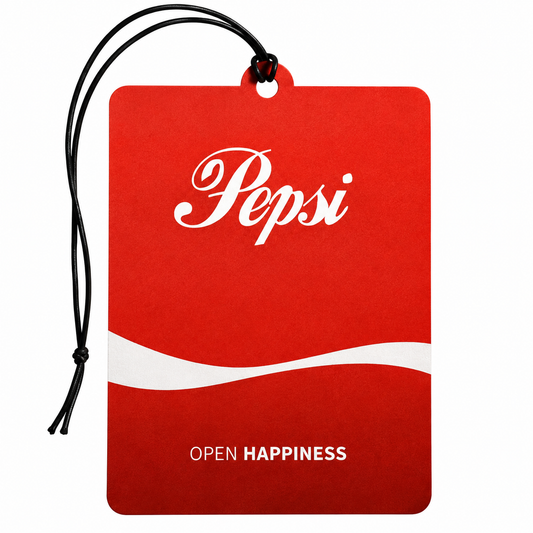 A red rectangular Pepsi air freshener or car fragrance tag with a black hanging cord, featuring the white Pepsi script logo and a white wavy line on a clean white background.