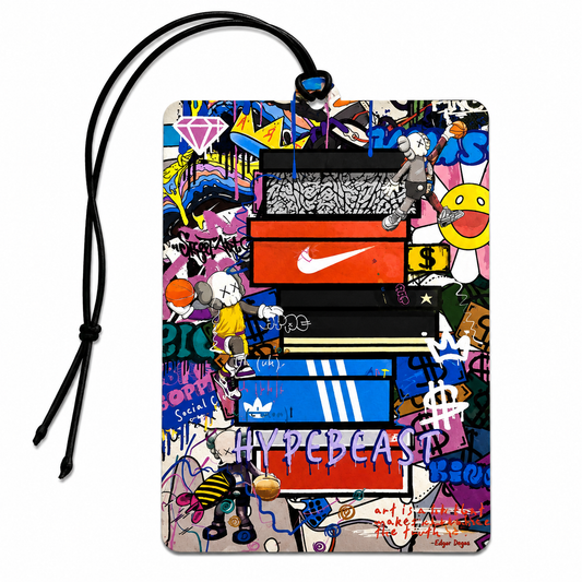 A rectangular luggage tag or car air freshener featuring a vibrant, multicolor graffiti collage design with pop culture references, including Nike, Adidas, and KAWS characters. The tag has a black hanging cord and is shown against a plain white background.