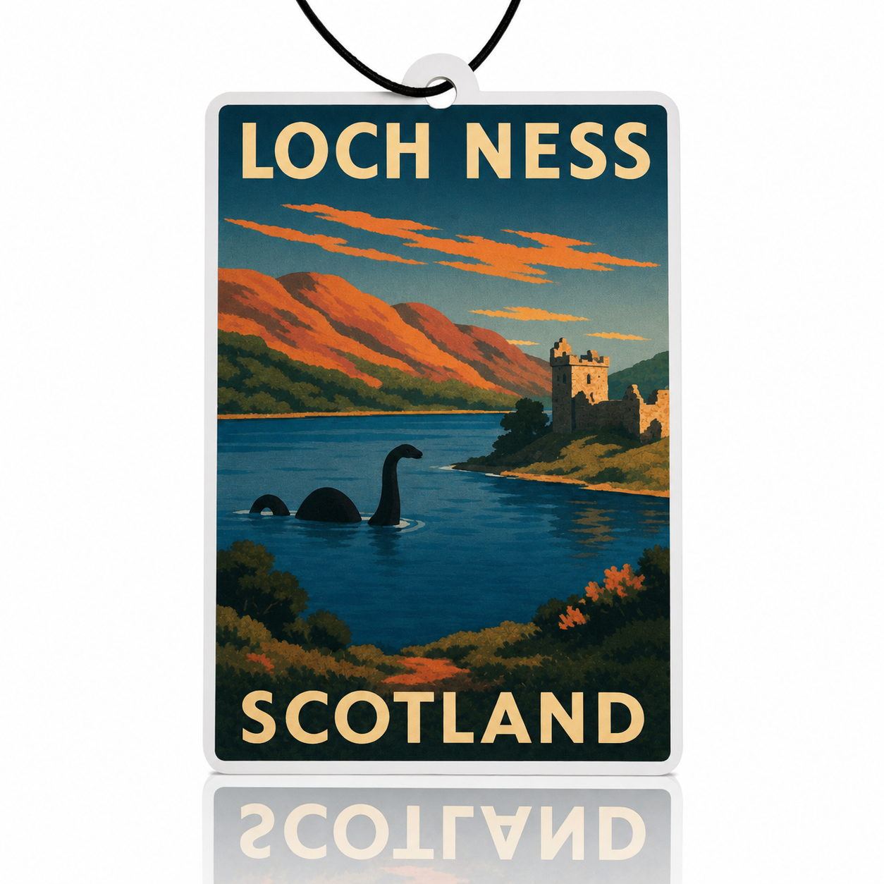 Loch Ness Scotland car air freshener travel poster with a castle and lake scene.