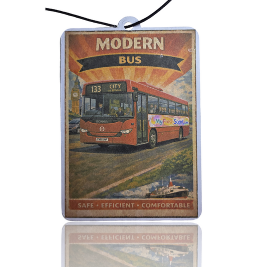 Modern Bus Car Air Freshener - Vintage Travel Poster Style Novelty Accessory and Gift - MyFreshScent