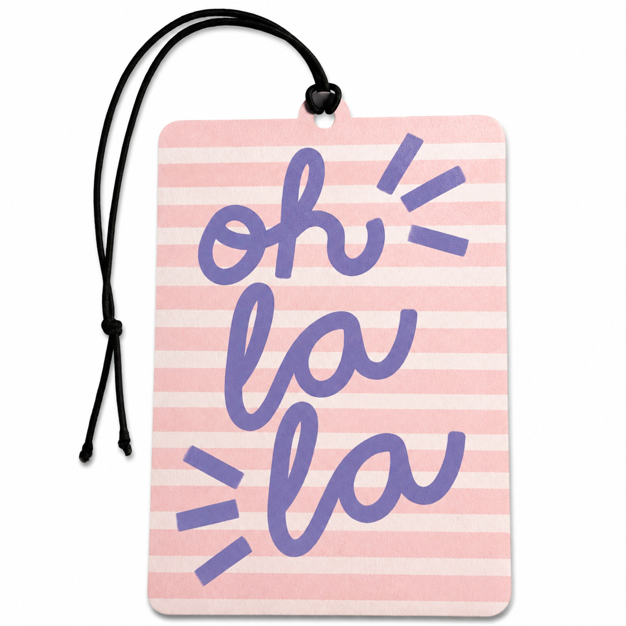 A rectangular pink and white striped tag  or car air freshener with a black hanging cord, featuring the words 'oh la la' in purple script with small exclamation marks.