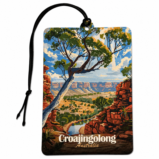 A rectangular luggage tag featuring a colorful vintage-style illustration of the Croajingolong landscape in Australia, with a black hanging strap and the text 'Croajingolong Australia' printed at the bottom.