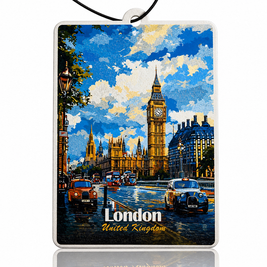 Car air freshener with a scenic view of London featuring Big Ben and taxis.