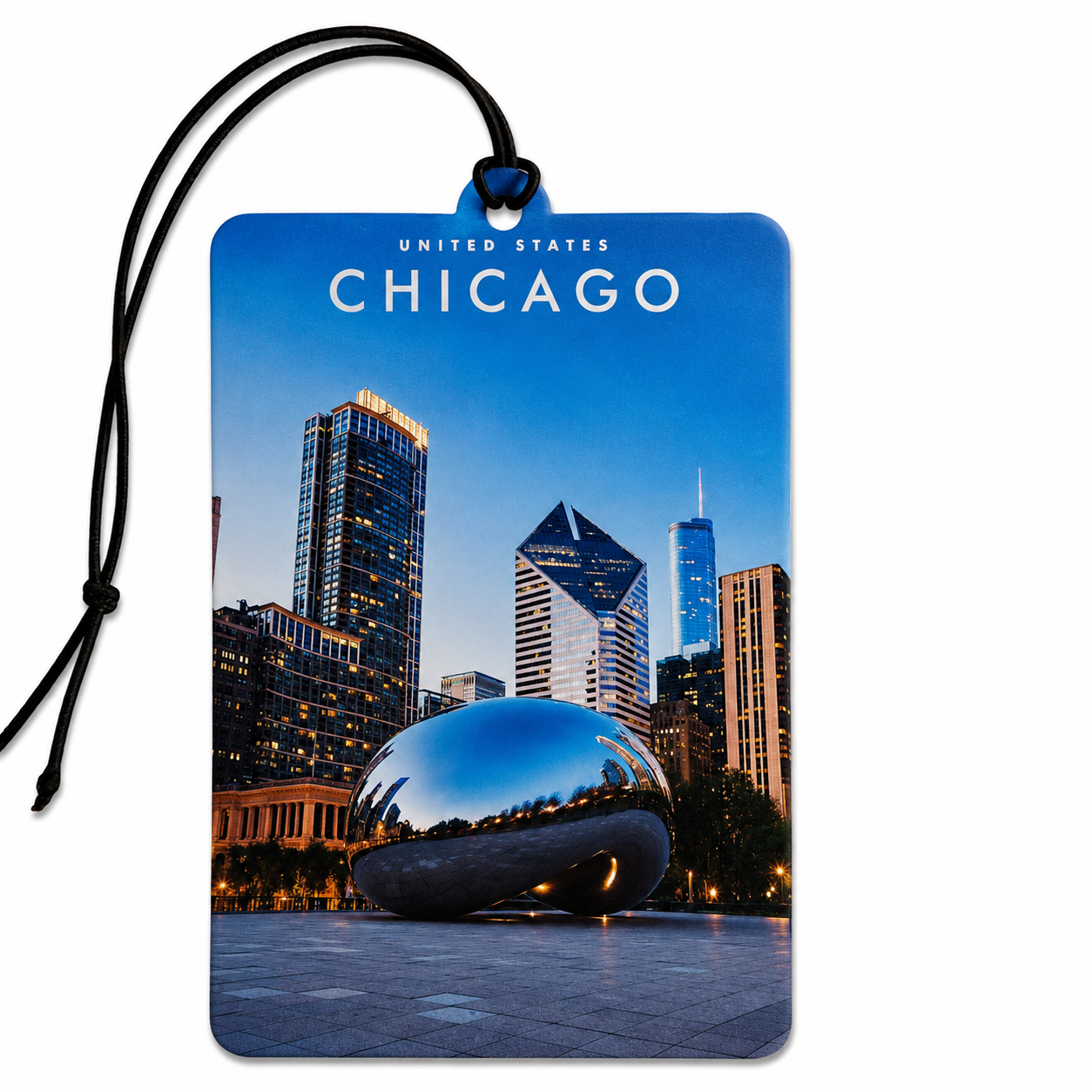 A rectangular luggage tag or car air freshener featuring a Chicago cityscape with the Cloud Gate sculpture, printed on a blue background with 'UNITED STATES CHICAGO' at the top. A black hanging cord is attached at the top, shown on a plain white background.
