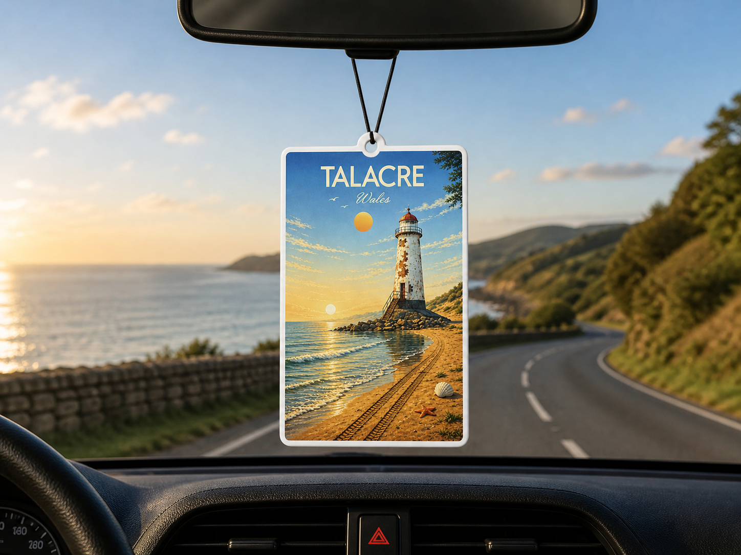 Car air freshener with talacre lighthouse design hanging from a car's rearview mirror.