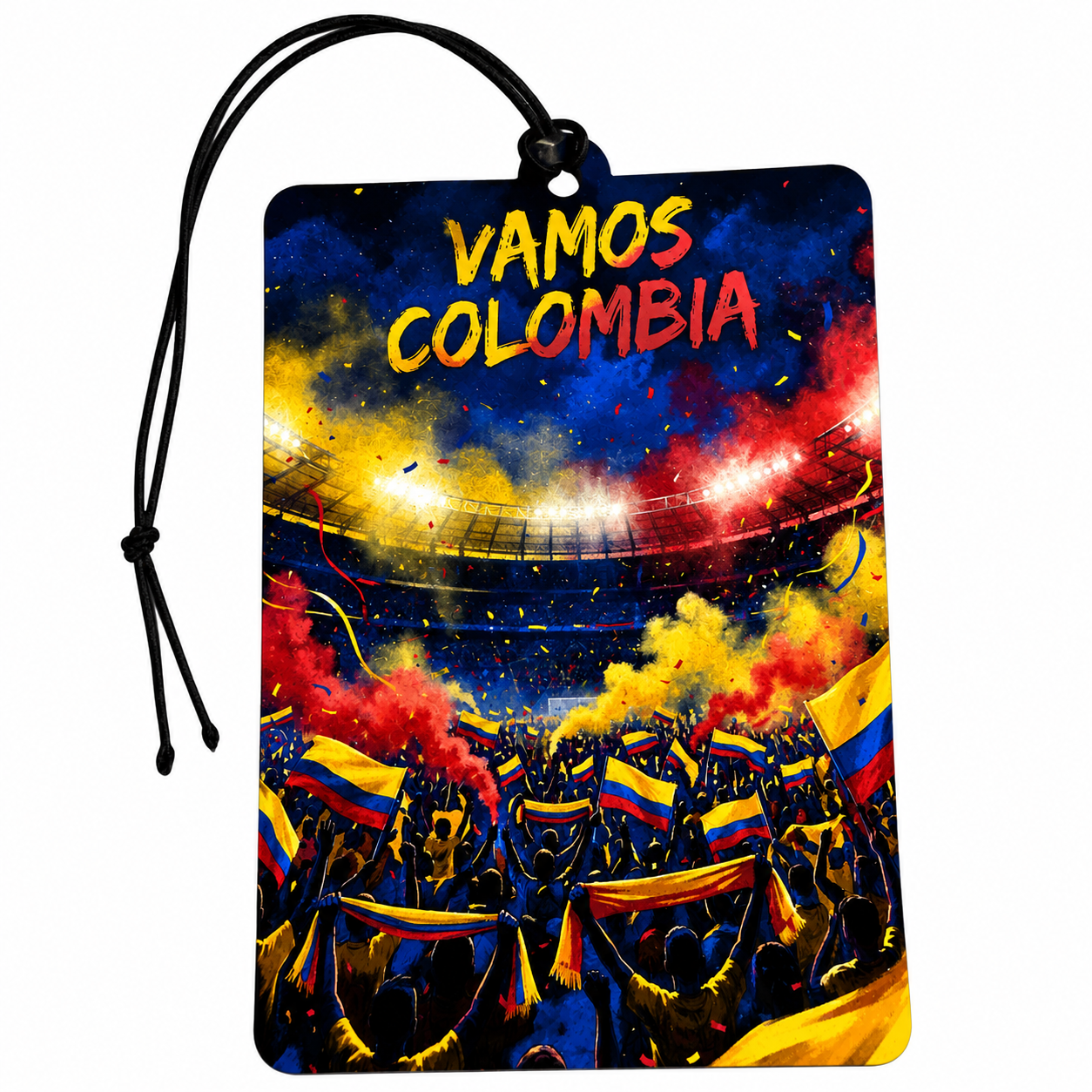 A rectangular car air freshener tag with a black hanging cord, featuring a vibrant graphic of a Colombian football stadium crowd with the text 'VAMOS COLOMBIA' in yellow and red. The design is filled with colors like blue, yellow, red, and black.