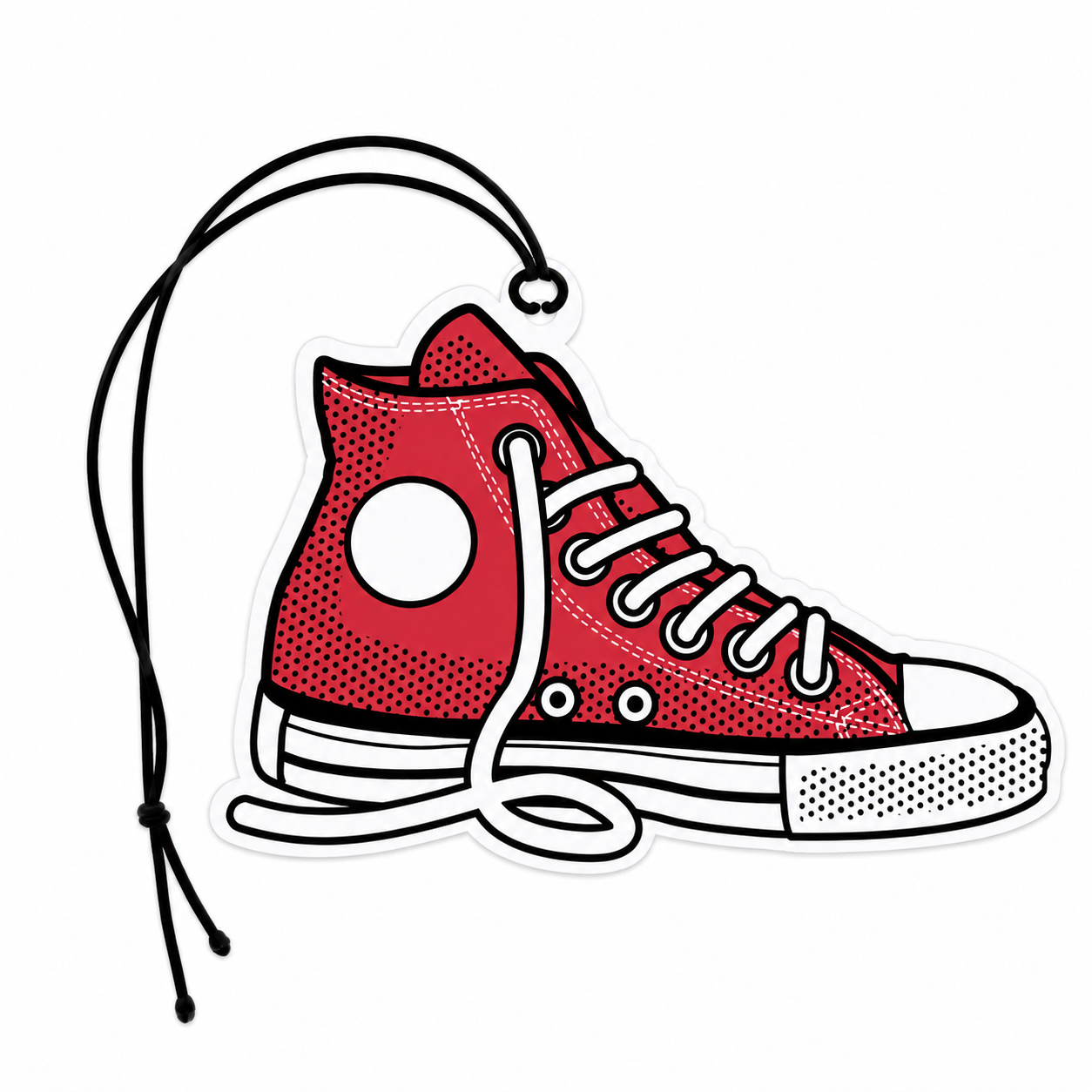 Red high top trainer car air freshener featuring a classic canvas converse sneaker inspired design with white laces and rubber toe cap.