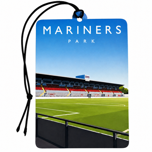 A rectangular car air freshener tag featuring a printed illustration of Mariners Park stadium under a blue sky, with the text 'MARINERS PARK' at the top and a black hanging cord.
