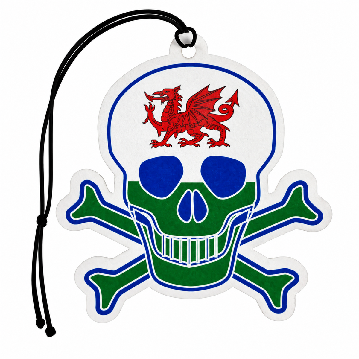 A welsh skull and crossbones-shaped hanging tag or car air freshener featuring the Welsh flag colors: a white top half with a red dragon, a blue eye, and a green nose and crossbones, outlined in blue, with a black cord at the top on a white background.