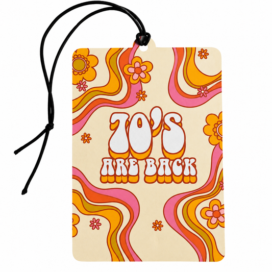 A rectangular hanging tag or car air freshener with a black cord, featuring a retro 1970s psychedelic design with wavy orange, pink, and yellow stripes on a cream background, plus the text '70's ARE BACK' in large bubble letters.