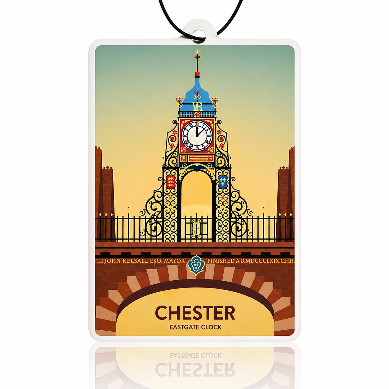 Decorative car air freshener with Chester Eastgate Clock design on a white background