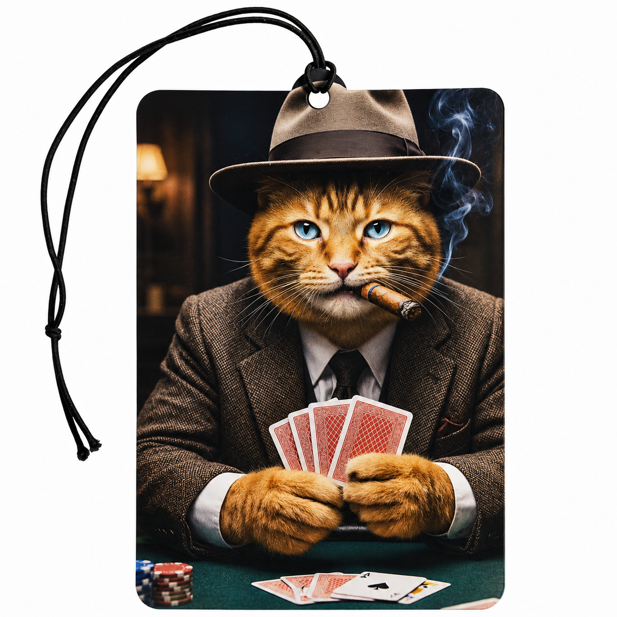 A rectangular car air freshener or luggage tag with a black hanging cord, featuring a printed graphic of an orange tabby cat dressed in a brown suit and fedora, holding playing cards and smoking a cigar at a poker table.