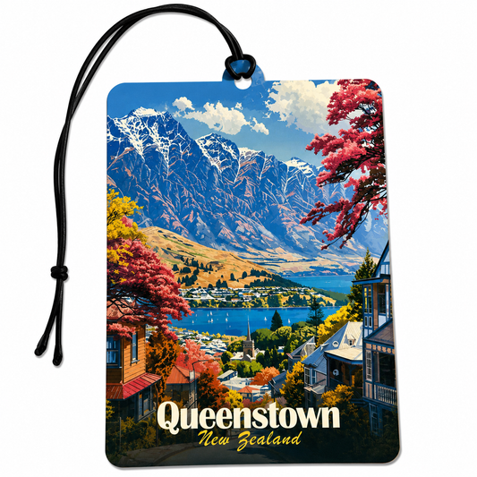 A rectangular car air freshener tag featuring a colorful scenic print of Queenstown, New Zealand, with a black hanging cord and the text 'Queenstown New Zealand' at the bottom, shown on a plain white background.