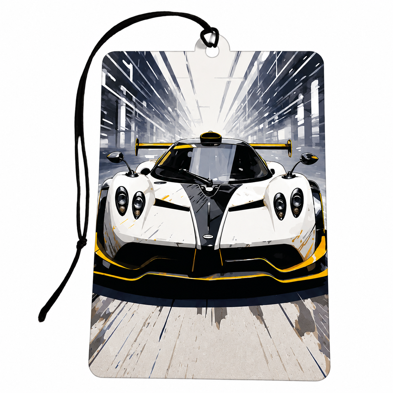 A rectangular car air freshener tag with a black hanging loop, featuring a stylized front-facing illustration of a white and black sports car with yellow accents on a gray street-art background.