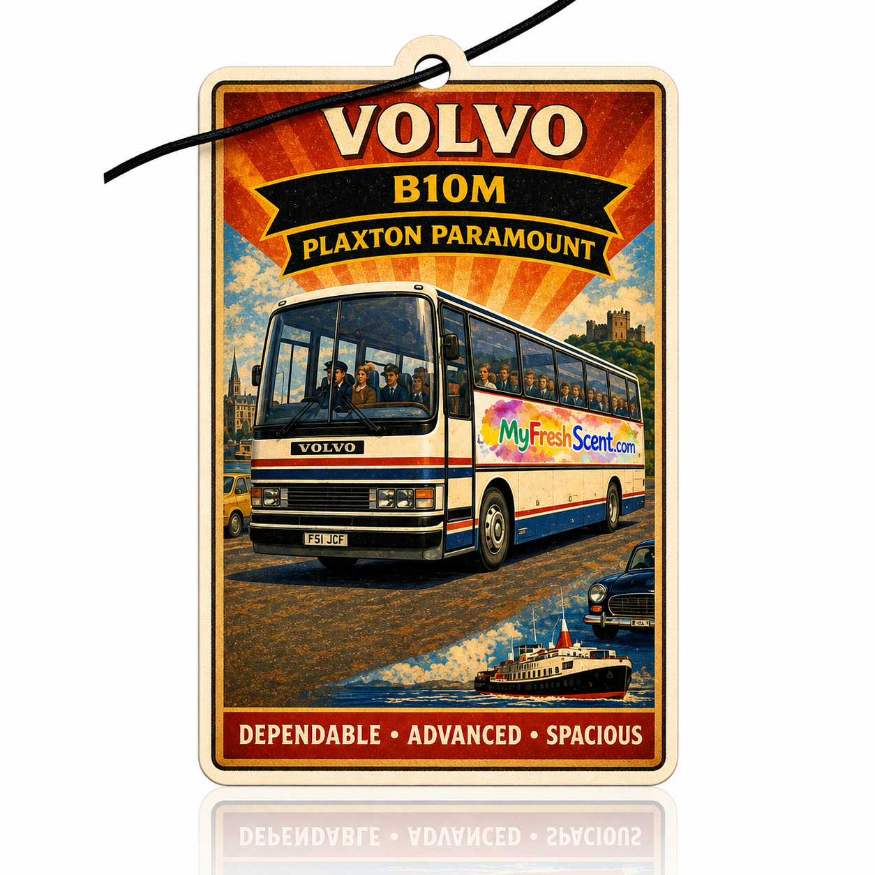 Car air freshener Vintage-style Volvo B10M Plaxton Paramount bus advertisement with scenic background